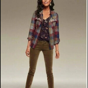 Cabi women's plaid  jacket pearl embellished zip up unlined sz.XS